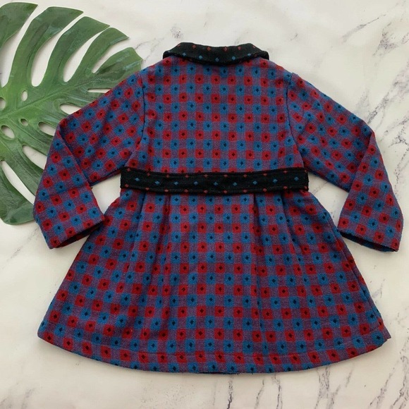 Petit Confection Girls Retro Coat Size 5 Blue Red Double Button Peter Pan Collar - Picture 8 of 11